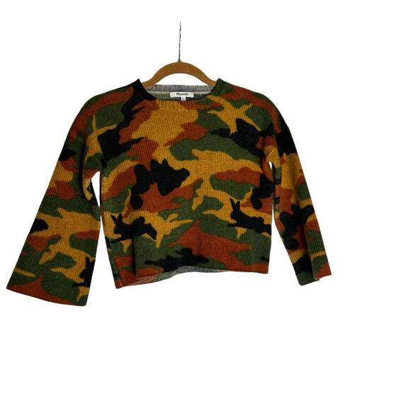 Madewell Merino Wool Bunny Rabbit Camo Print Flare Bell Sleeve Cropped Sweater - Picture 2 of 6